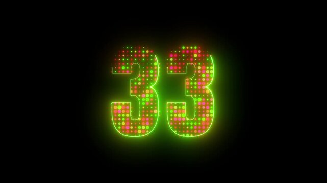 Digital LED Dot Matrix Glowing Neon Green Number 33 Motion Graphic Cyberpunk Abstract Dark Loop Background Visual 4k video