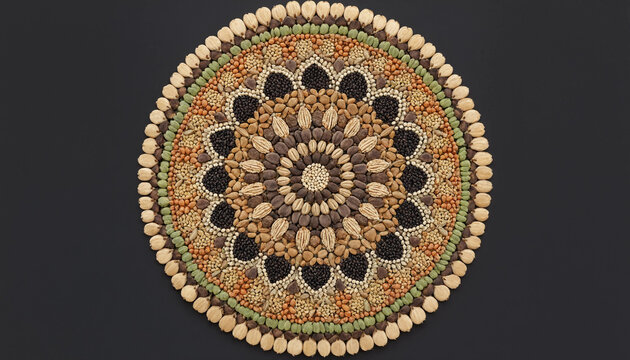 A complex circular mandala created from various colorful seeds, grains, and legumes arranged in intricate concentric patterns on black