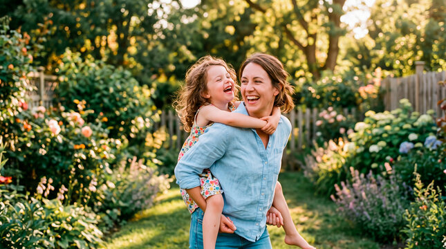 Mother and daughter laughing while the daughter is being carried on her mother's back in a lush garden.