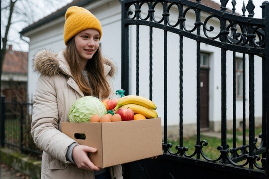 Teenage girl carries cardboard box with fresh food products for elderly neighbor. Young volunteer delivers grocery supply to house during coronavirus pandemic quarantine. Kind youth helps senior