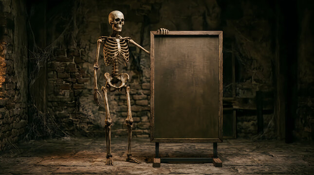 Human skeleton standing next to a blank chalkboard