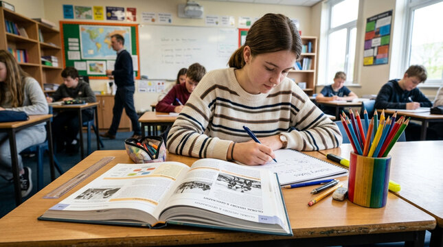 Student Studying in Classroom