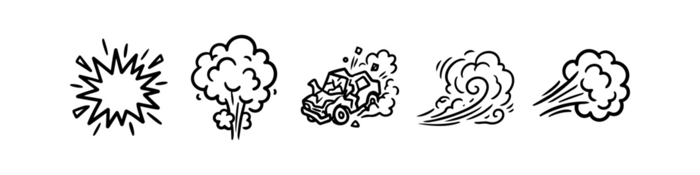 Hand-drawn comic action icons featuring explosions, car crash, wind, and smoke effects in a minimalist sketch style.