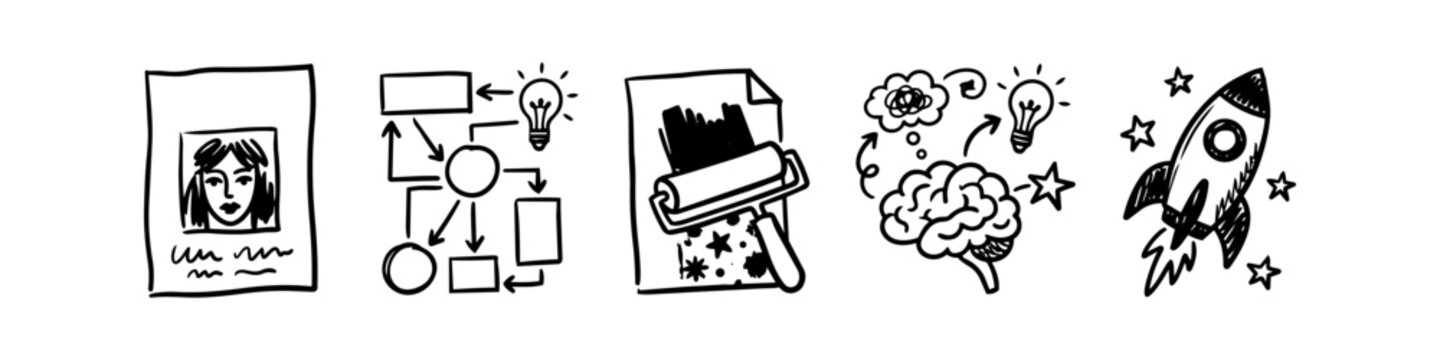 Set of hand-drawn black ink icons representing a creative process: profile, brainstorming flowchart, design execution, idea generation, and a rocket launch for startup success.