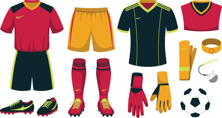 Naklejka premium Soccer Football Uniform and Equipment Vector Set with Jersey Shirts Shorts Cleats Socks Goalkeeper Gloves Ball and Whistle Icons for Sport Designs
