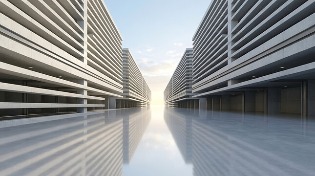Symmetrical modern city architecture with tall repeating concrete building facades architecture buildings symmetrical concrete geometric