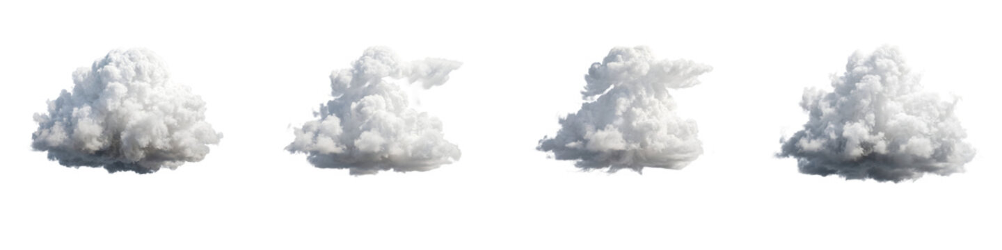Set of 4 fluffy white fluffy cumulus clouds isolated on white background, realistic 3D render cloud collection for sky overlay composition, weather forecast and graphic design background asset
