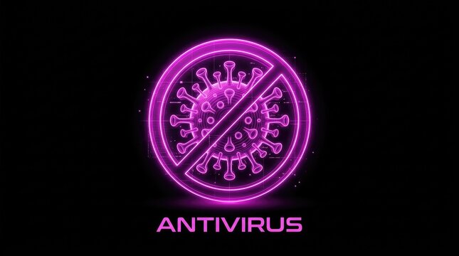 Futuristic antivirus symbol with a glowing purple virus icon for cybersecurity and medical protection.
