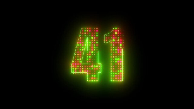 High tech neon number 41 motion graphic with illuminated green outline and colorful flickering led halftone dots 4k video