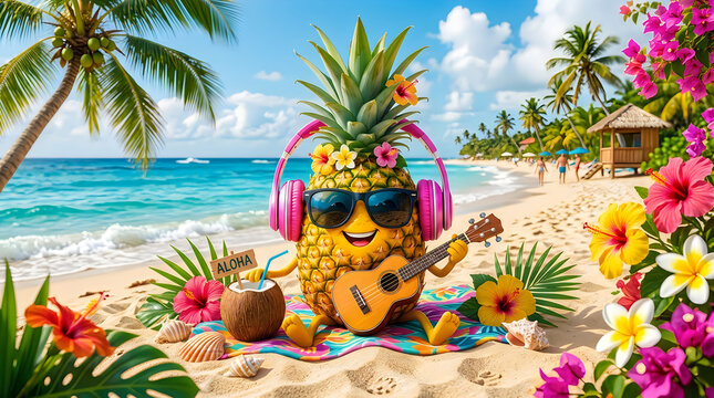 Funny pineapple with headphones playing guitar on beach