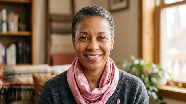 Smiling Woman Wearing Pink Scarf and Sweater Indoors