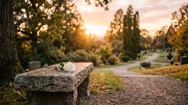 White rose on a stone bench at sunset, with autumn foliage.