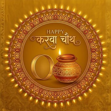 Happy karwa chauth greeting card with traditional diya lamp and sieve