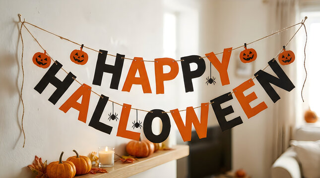 Happy halloween paper banner decoration hanging in a room
