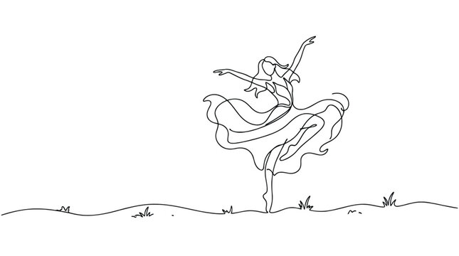 Continuous line drawing of a dancing woman in a dress on a grassy field