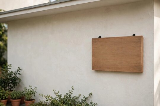 Blank wooden sign mounted on exterior wall of house with potted plants