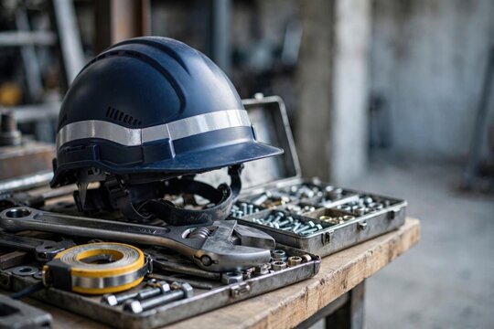 Blue Safety Helmet and Tools on Workbench in Industrial Setting