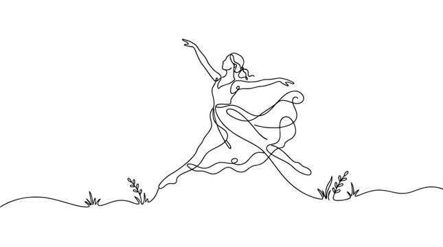 Continuous line drawing of a woman dancing in a meadow