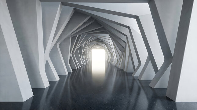 Conceptual architectural tunnel with complex geometric white framework and polished dark flooring leading to a bright exit architecture abstract