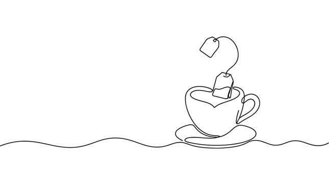 Continuous line drawing of a tea cup with a tea bag