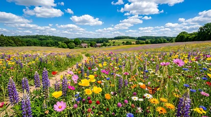 Obraz premium A vibrant meadow filled with colorful wildflowers under a bright blue sky with fluffy white clouds on a sunny summer day in nature