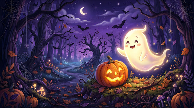 Cute ghost and jack o lantern in a spooky night forest