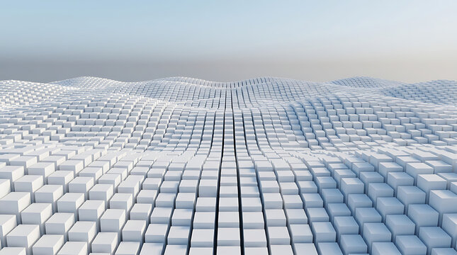 Abstract wave landscape of white cubes with digital depth and geometric pattern three dimensional abstract geometric landscape structure