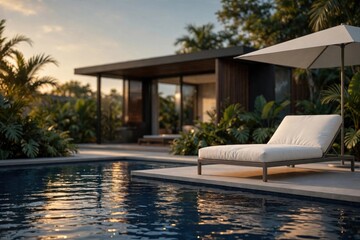 Fototapeta premium Modern Poolside Lounge Chair in Tropical Garden Setting