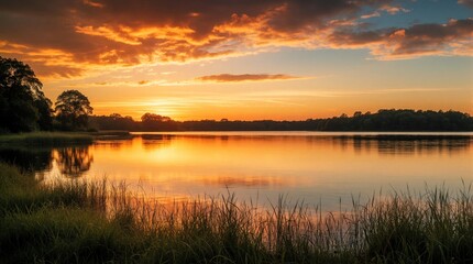 Fototapeta premium Dramatic sunset paints sky with vibrant orange gold colors over calm lake surface. Dark trees frame peaceful horizon sunlight glows on water reflection. Quiet nature landscape brings serenity, warm
