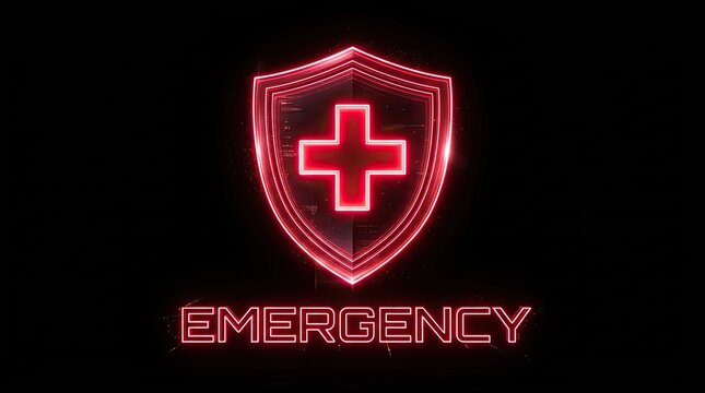 Emergency Medical Healthcare Shield Neon Digital Concept. Futuristic Protection Sign. First Aid Security Symbol.