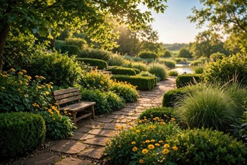 Obraz premium Serene Garden Path with Wooden Bench and Sunlight