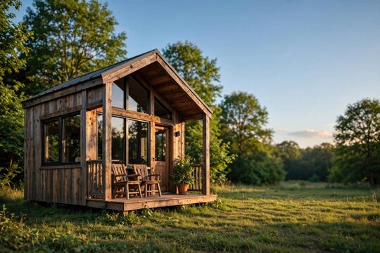 Rustic Wooden Cabin in Open Field at Sunset
