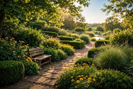 Serene Garden Path with Wooden Bench and Sunlight
