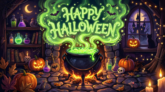 Happy halloween greeting with witch cauldron and potion