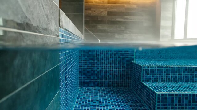 Split view of indoor spa pool with blue mosaic tiles, steaming water surface, underwater air bubbles, and grey stone walls in a modern wellness facility interior.