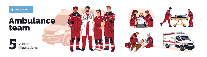 Obraz na płótnie Canvas Ambulance team set. Paramedics rescue patients from emergency accidents. First aid crew with car. Doctors in red uniform hospitalize victim with stretcher. Flat isolated vector illustrations on white