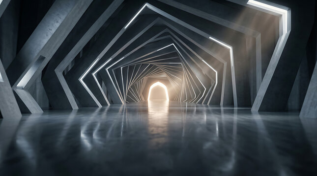 Futuristic abstract tunnel with glowing neon lights and reflective dark floor futuristic abstract architecture corridor perspective interior