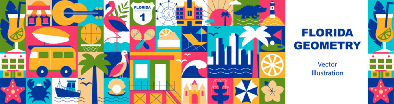 Florida Geometric Seamless Pattern and Banner with Mosaic Elements, Vector Illustration