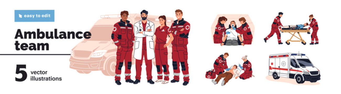 Ambulance team set. Paramedics rescue patients from emergency accidents. First aid crew with car. Doctors in red uniform hospitalize victim with stretcher. Flat isolated vector illustrations on white