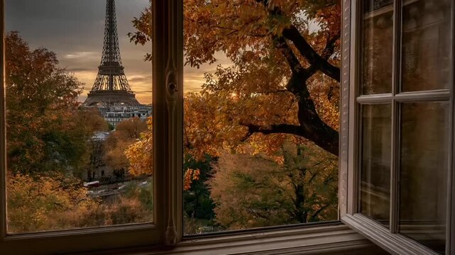 Paris, France, Europe. A vivid portrayal of the Eiffel Tower in Paris, France, bathed in the warm glow of the setting sun. The scene is captured through an open window.