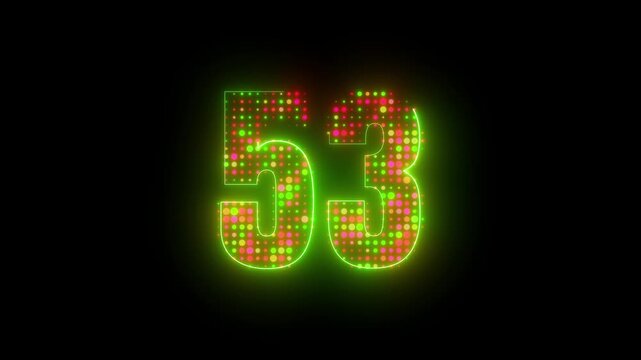 Glowing neon number 53 animation featuring bright green contour and vibrant red LED halftone dots on black background 4k video
