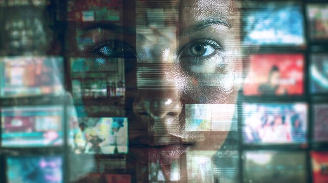 Close-up of a person's face, seemingly looking at a wall of overlapping screens displaying various images and video