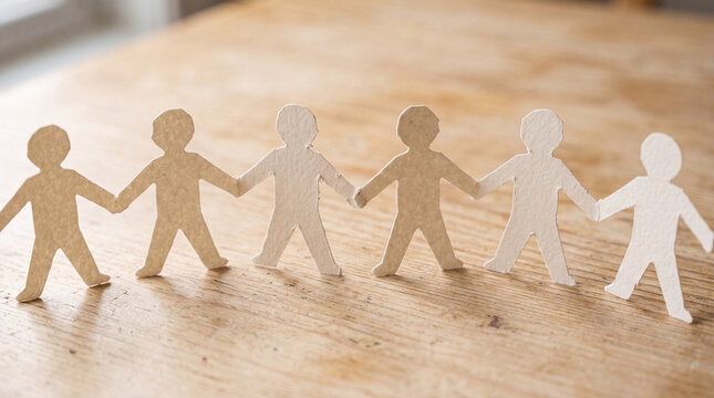 A row of paper cutout people holding hands stands in a line on a warm wooden floor with soft backlighting, social unity concept, business team partnership, community diversity symbol.