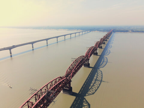 Aerial view of the historic Hardinge Bridge and the adjacent Lalon Shah Bridge spanning the Padma River in Pabna, Rajshahi Division, Bangladesh.