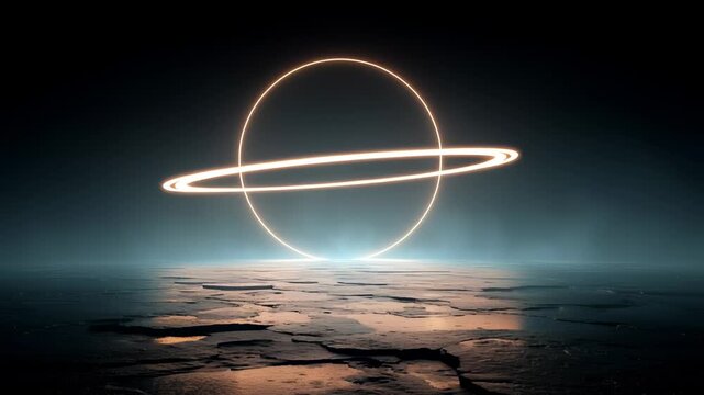 Static shot: A glowing orange ring hovers above a reflective, dark, misty surface. The scene is dark and atmospheric with teal light reflections.