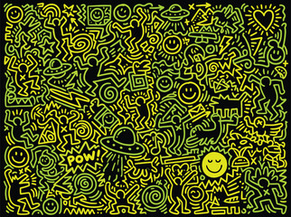 Street art doodle pattern with dancing figures and ufo icons. Neon yellow graffiti background. Pop art urban mural vector eps. © PixelMark