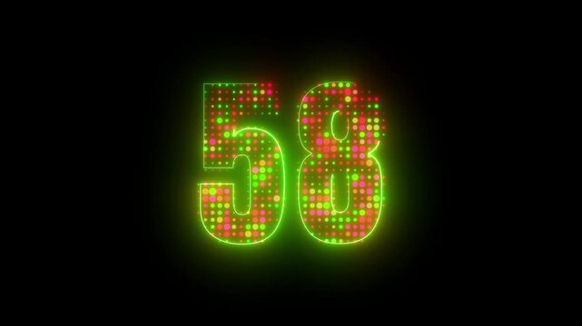 High tech neon number 58 motion graphic with illuminated green outline and colorful flickering led halftone dots 4k video	
