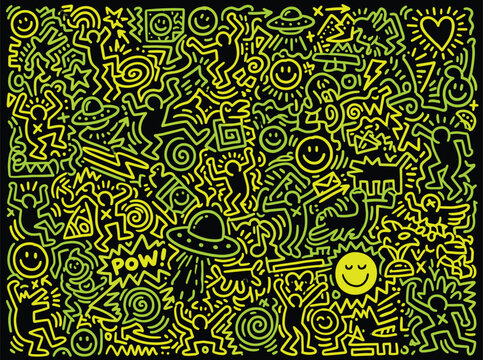 Street art doodle pattern with dancing figures and ufo icons. Neon yellow graffiti background. Pop art urban mural vector eps.