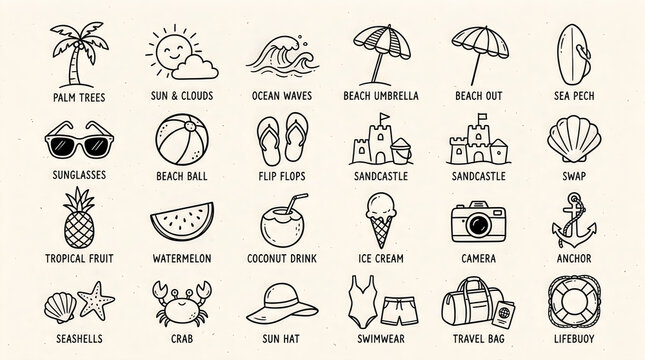 Set of hand drawn summer vacation and beach travel icons