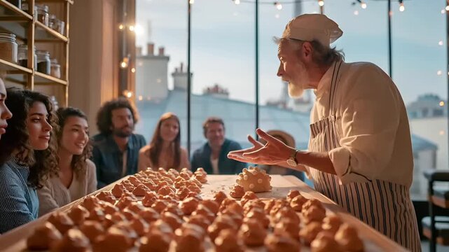 Paris, France, Europe. A candid shot of a baker in a Parisian cafe. The baker, wearing a white chefs hat and striped apron, stands in front of a table laden with freshly baked pastries.